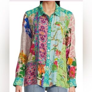 John Mark Woven Mix Floral Point Collar Long Roll-Tab Sleeve Button Front Blouse
